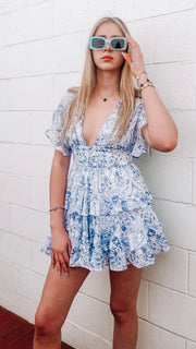 WHITE AND BLUE FLORAL DRESS