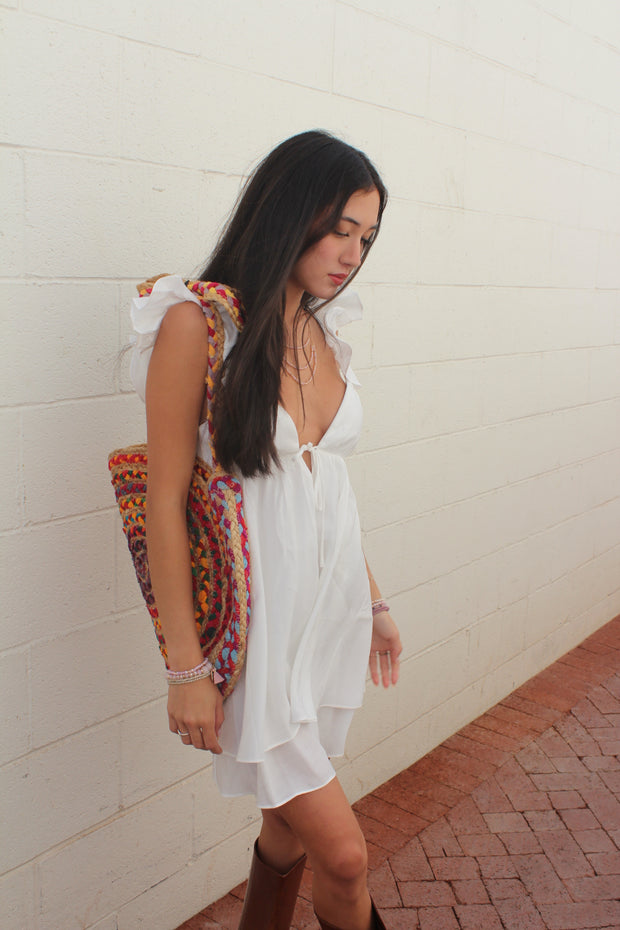 White Tie Back Mini Dress